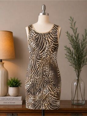 Thalia Sodi Leopard Animal Print Bodycon Dress Gold Trim Sleeveless Size M